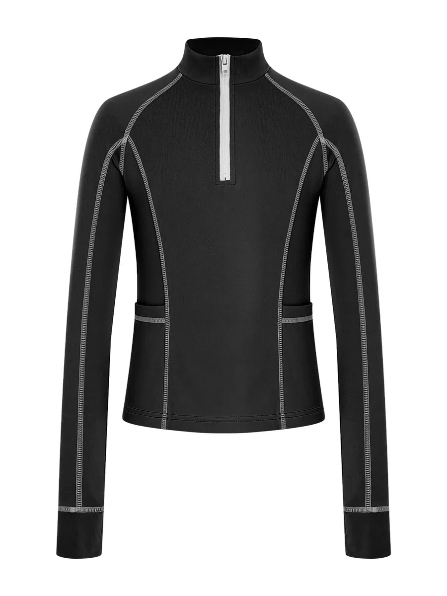 Agoky Mädchen Sportshirts Langarm Stehkragen T-Shirts Basic Einfarbig Laufshirts mit Daumenlöcher Taschen 1/4 Reißverschluss Funktionsshirts Atmungsaktive Tops