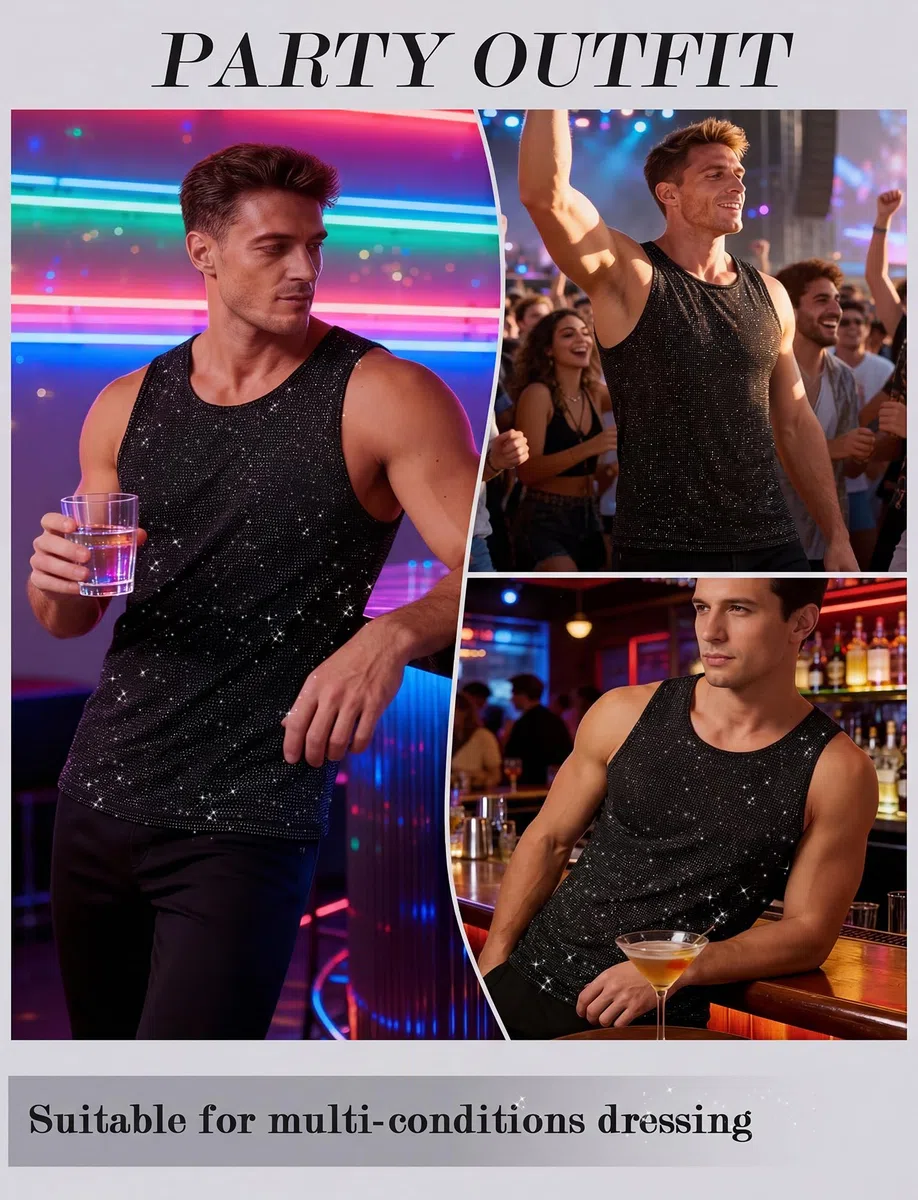 AIEOE Herren Glitzer Tank Top Muskelshirt Shiny Netzshirt Ärmelloses Oberteil Rundhals Sexy Clubwear Party Outfit für Disco Bar Festival