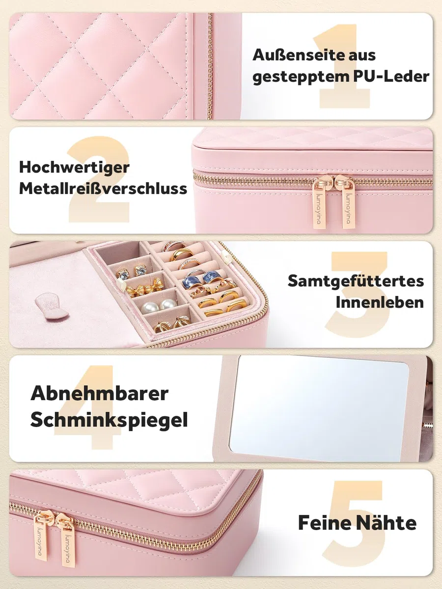 REVEMCN Schmuckkästchen mit Spiegel und 2 Ebenen, Reise Schmuck Organizer für Damen und Mädchen, geräumige Schmuckaufbewahrung mit 6 Anlaufschutz Schmuckbeuteln, Geschenke für Frauen (Puderrosa)