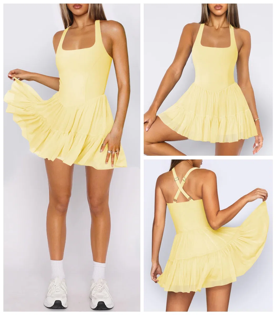 Damen-Tenniskleid, fließend, plissiert, Rüschen, athletisches Kleid für Damen, Neckholder, ärmellos, Sommer, Mini-Golfkleid mit Shorts-Tasche