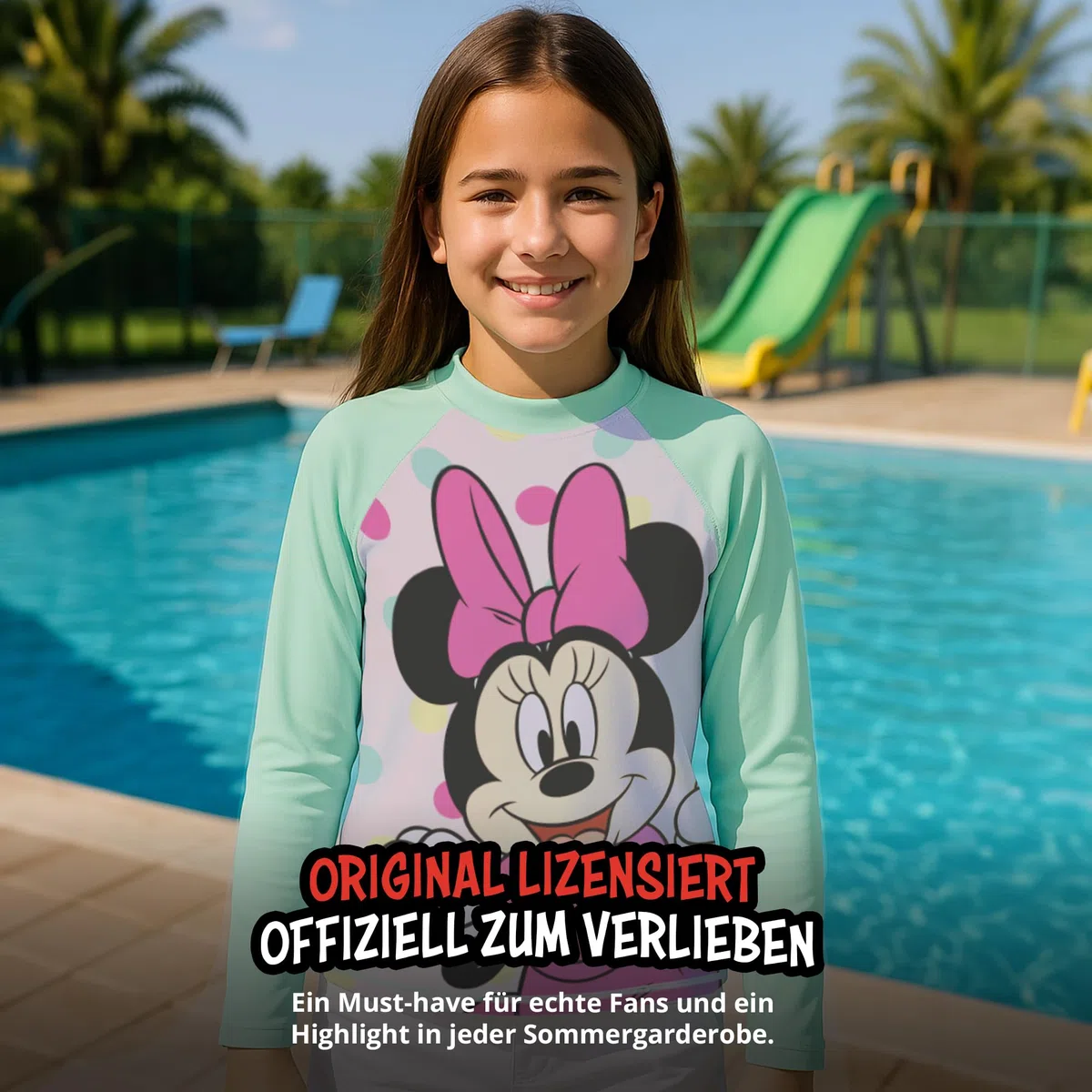 United Labels Disney Minnie Mouse Schwimmshirt UV Schutz 30 für Mädchen, Grün Rosa, Badeshirt Langarm, Bademode Kinder, Badebekleidung