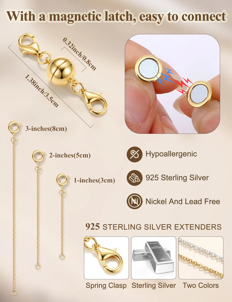 YADOCA Kettenverlängerung Silber 925 Magnetverschluss Kette 14K Vergoldete Verlängerung Gold Kette Halskette Fußkettchen Armband Verlängerungskette für Damen Herren