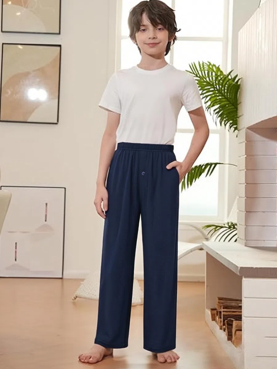Arshiner Jungen 2er-Pack Schlafanzughose Weich Bequeme Pyjamahose Knopfleiste Lang Einfarbig Freizeithos Elastische Taille Mit 2 Taschen Schlafhose für Kinder 7-15 Jahre