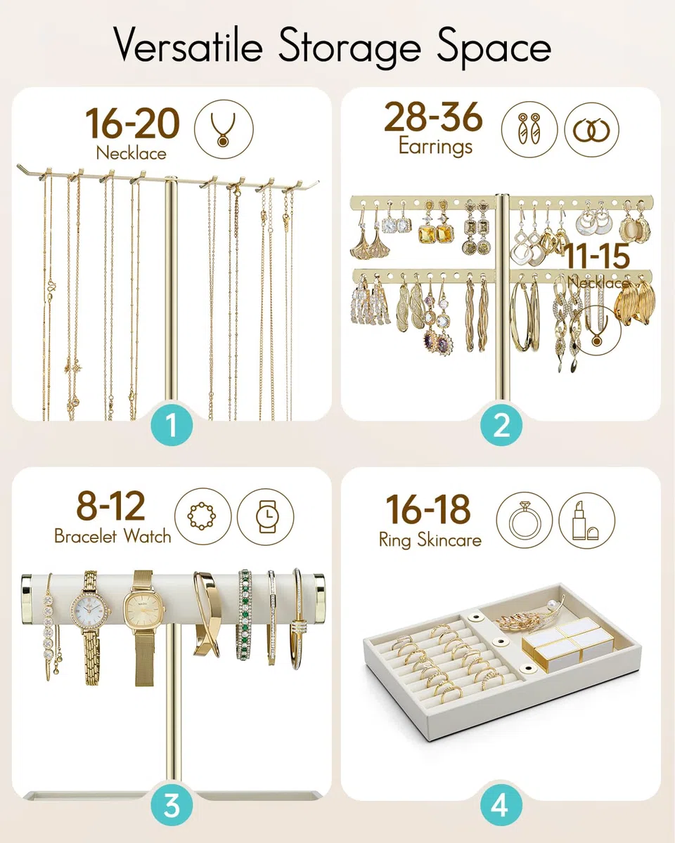 VLANDO Schmuck Organizer 4 Etagen Schmuckständer Gold mit Kunstleder Armbandhalter - Schmuckaufbewahrung Display für Halsketten, Uhren, Ringe, Ohrringe, Armbänder, Armreifen, Sonnenbrillen