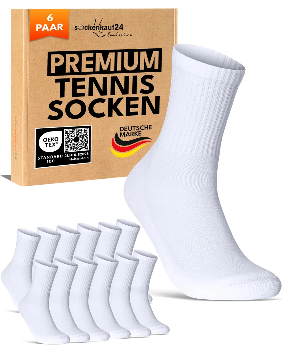 sockenkauf24 Herren Tennissocken (6 Paar) Sportsocken mit verstärkter Ferse & Fußspitze, gepolsterte Sohle Baumwolle Atmungsaktive Retro Crew Socken