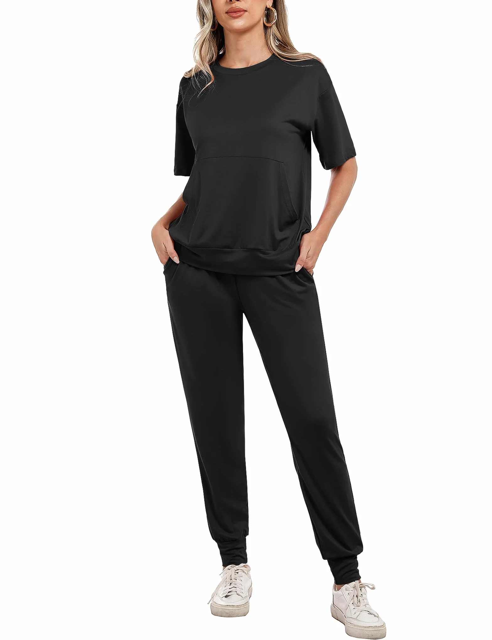 Irevial Damen Jogginganzug Baumwolle Tracksuit Trainingsanzug Sommer Outfits Zweiteiler 2 Stücke Set Kurzarm Top/Hose Freizeitkleidung Sportswear mit Taschen für Running Yoga Gym
