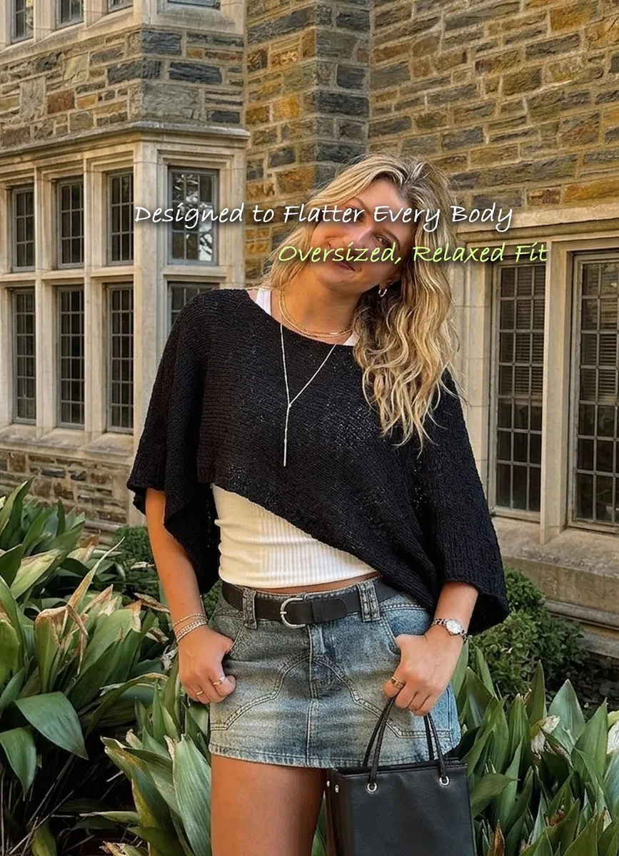 Navneet Damen Mesh Oberteil Strick Poncho Cover Up Bauchfrei Cape Sommer Festival Party Y2K