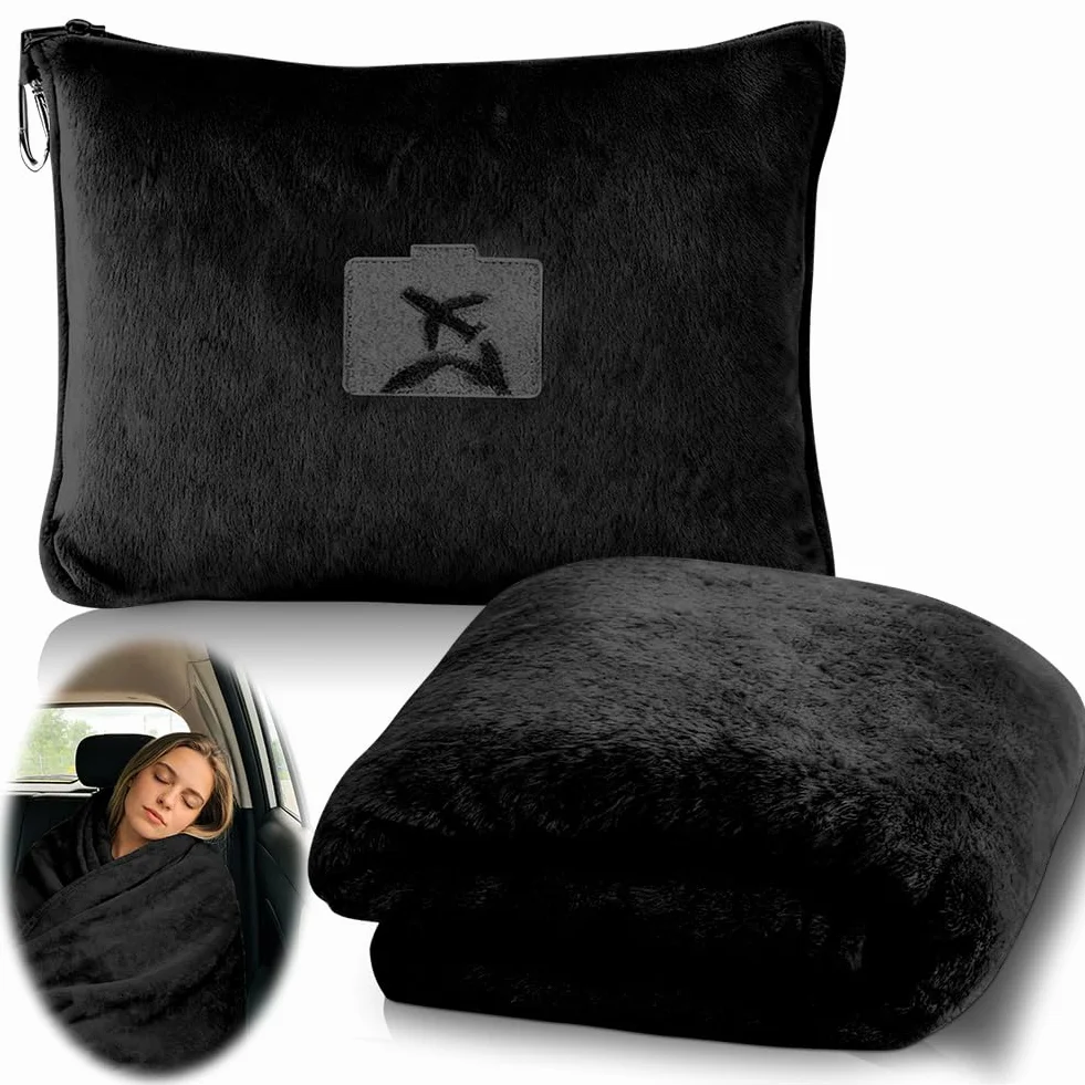 Weiche & Warme Reisedecke für Flugzeug & Auto, Reisedecke Kissen 2 in 1, 152 x 127 cm Weiche Flugzeugdecke, Ultraleichte Kuscheldecke Kompakte Decke für Flugzeug, Auto, Büro, Zuhause (Schwarz)