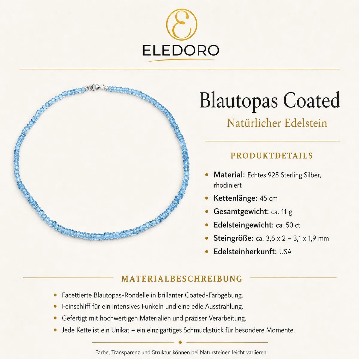Blautopas Halskette - Collier mit echtem Blautopas, coated, 925 Sterling Silber, Karabiner, 45 cm
