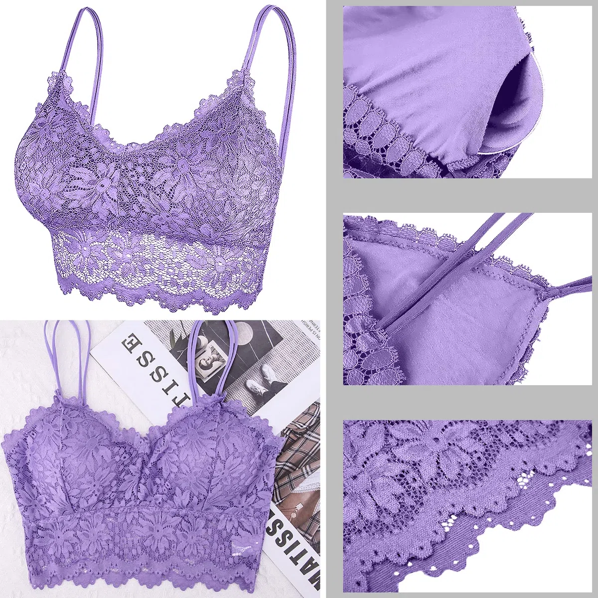 Duufin 5 Stück Spitzen BH Bralette Spitze Gepolstert für Damen und Mädchen, 5 Farben