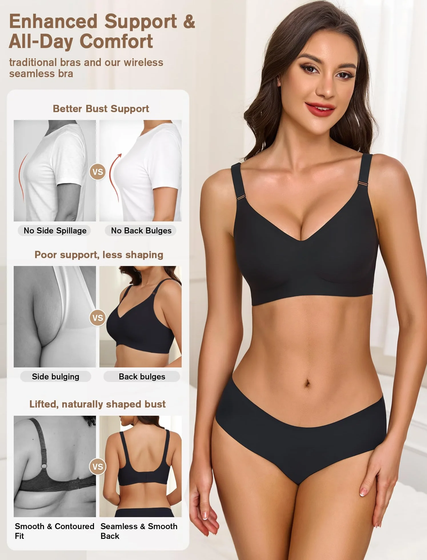 BH Damen Ohne Bügel Push Up BH Gepolstert Soft Nahtloser BHS Seamless Bequemer T-Shirt BH Komfort Vollschalen Bra Klassische Bustier Starker Halt Bralette für Noamale und Große Brüste