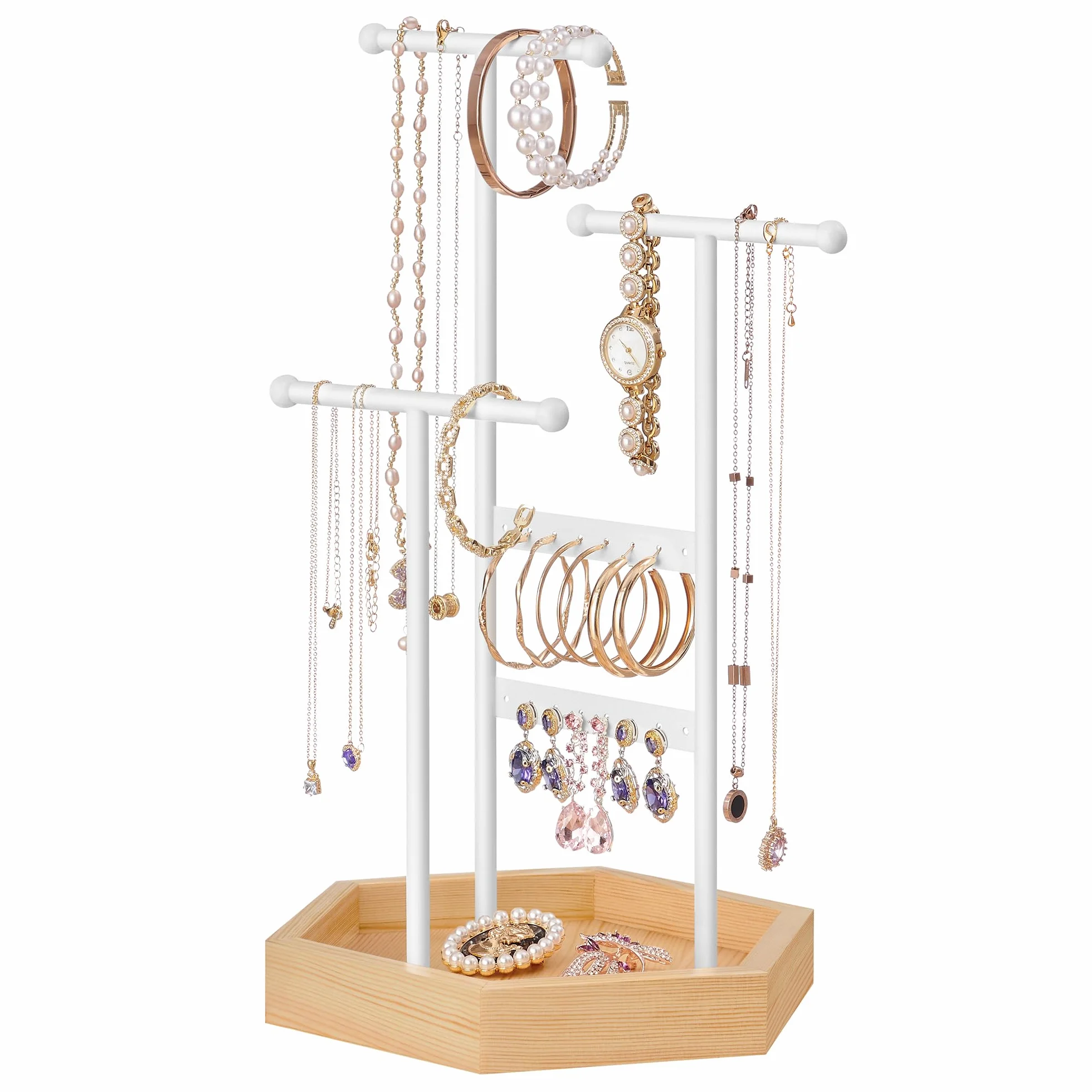 SONGMICS Schmuckständer, Schmuckhalter, 4 getrennte Bereiche, Ohrringhalter aus Metall, Schmuckaufbewahrung für Halsketten Armbänder Ohrringe, Geschenkidee, weiß-naturbeige JJS03NW