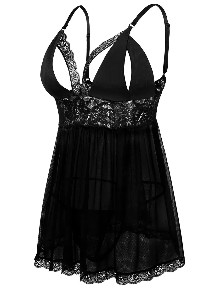 EVELIFE Damen Übergröße Dessous Set Spitze Sexy Chemise Nachtwäsche Babydoll Kleid mit G-String