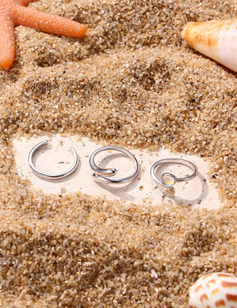 MILACOLATO 3PCS 925 Sterling Silber Zehenringe für Damen Verstellbare Mondstein Band Schwanz Offene Zehenringe Damen Strand Fußschmuck Set