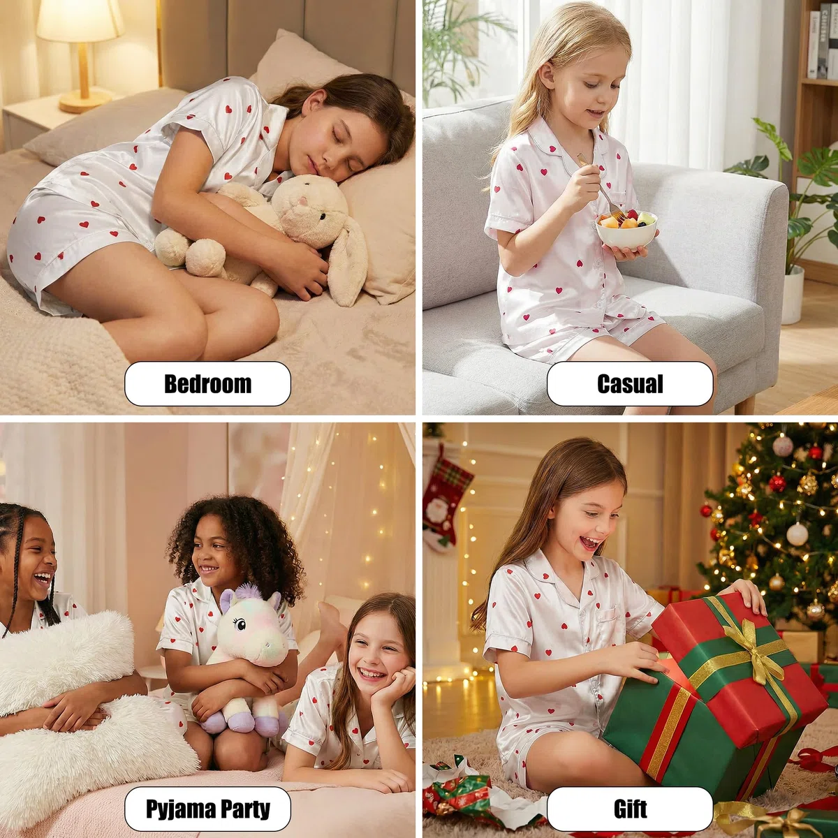 Mädchen Jungen Satin Schlafanzug-Set Kinder Kurz Oberteil und Elastischer Bund Hosen 2-Teilig Nachtwäsche Weich Leicht Knopfleiste Pyjama Alltag Loungekleidung für Alter 8–13