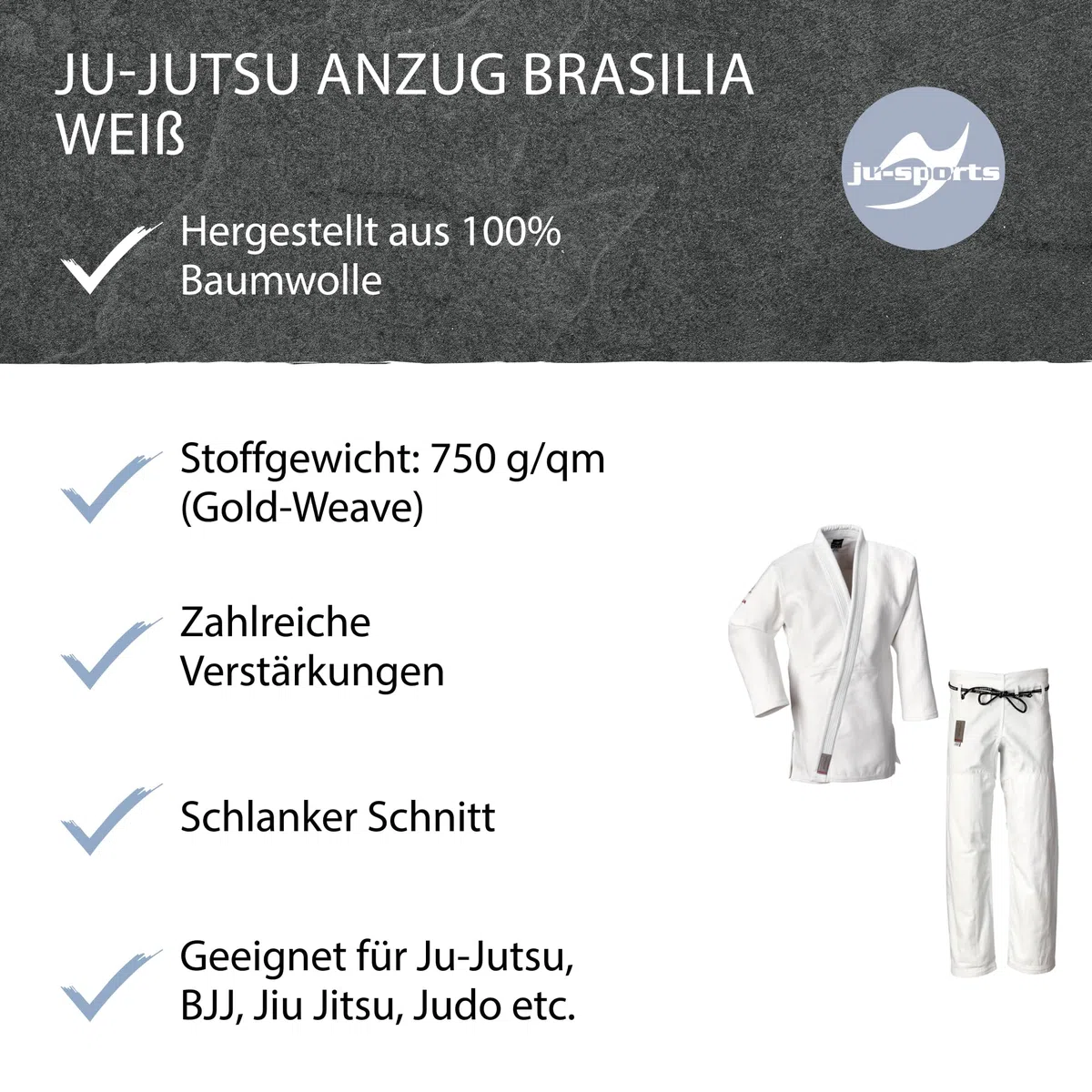 Ju-Sports Ju-Jutsu Anzug Brasilia Weiß I Moderner Jujutsu Anzug für Erwachsene I BJJ Gi Herren fürs Training I Doppelt verstärkter Brust- & Schulterbereich I 100% Baumwolle