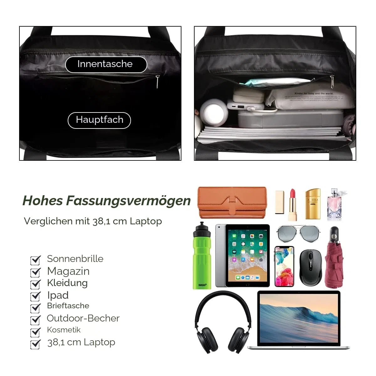 HOMESPON Große Wasserdichte Strandtasche mit Reißverschluss und Taschen für Damen