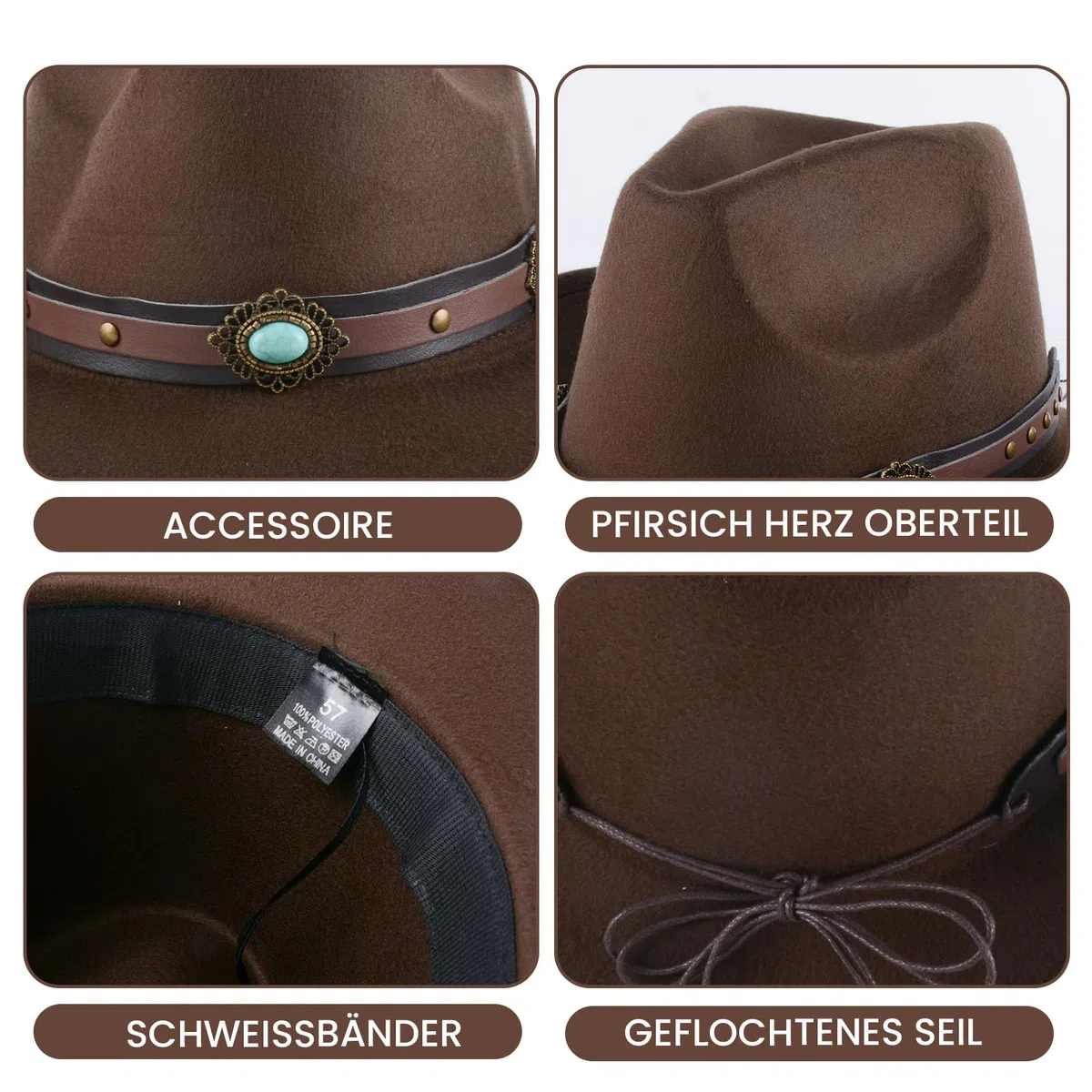 2 Stück Classic Wool Cowboy Hut für Männer und Frauen Herbst-Winter Western Stil Filzhut mit Riemen Design Dekorative Saphirband Outdoor Sonnenhut (Kaffee+Schwarz)