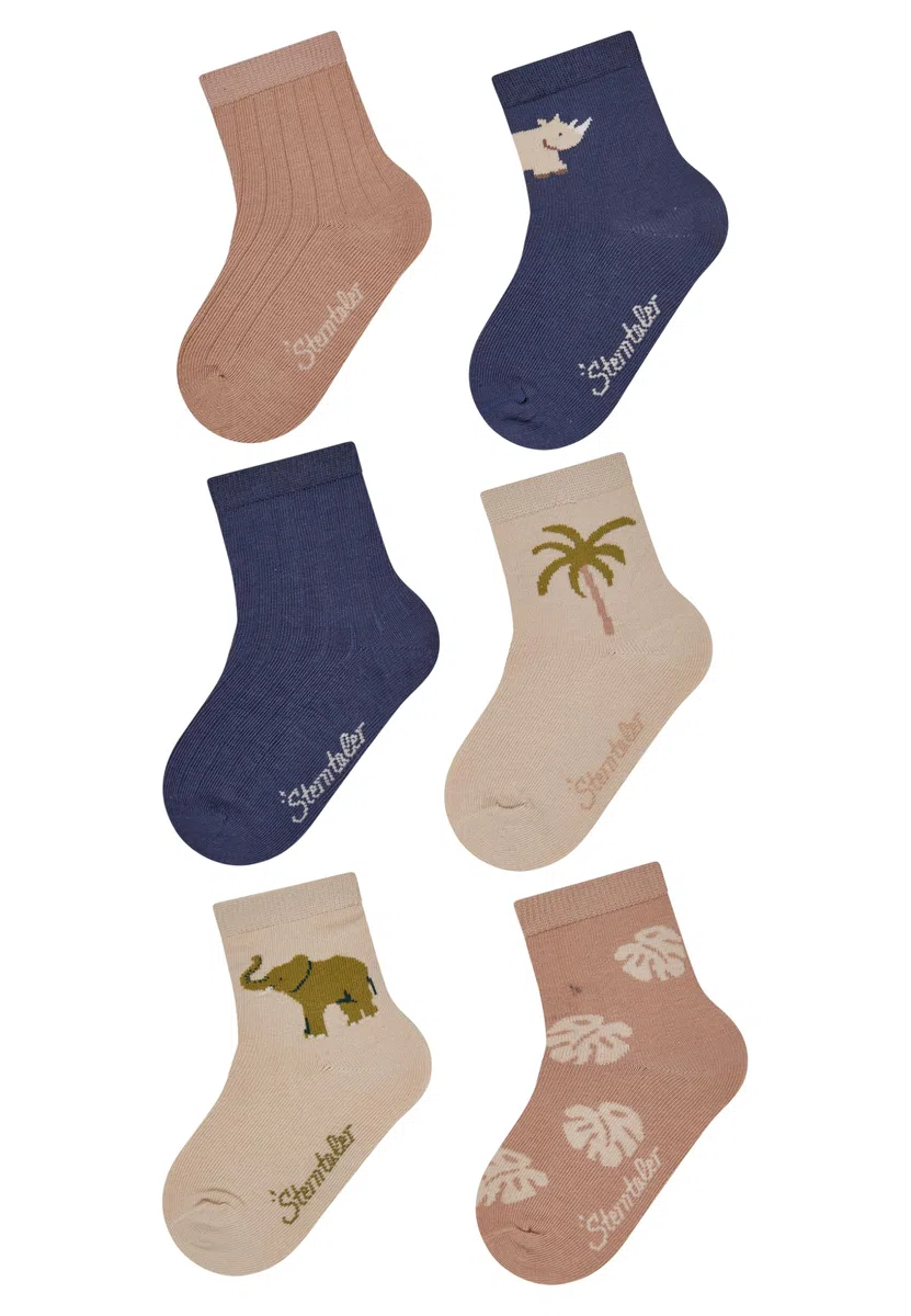 Sterntaler Socken 6er Pack Elefant – Baby- und Kinder-Socken im 6er Pack mit Umschlag, Innenfrottee, Elefant-, Blätter-, Rippen-, Palme- & Nashorn-Motiv