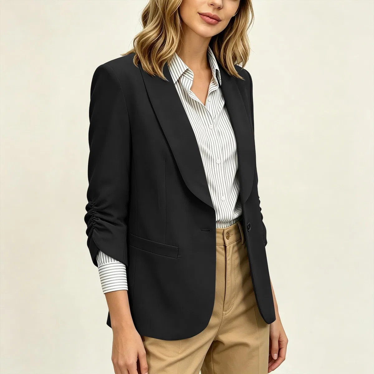 RLEHJN Damen Blazer,Lange Casual Open Front Gefütterte Blazer Arbeit Büro Jacken mit Taschen Sportlich Elegant Blazerjacke Casual Blazer Jacket Übergangsjacke Business Casual Outfits Für Die Arbeit