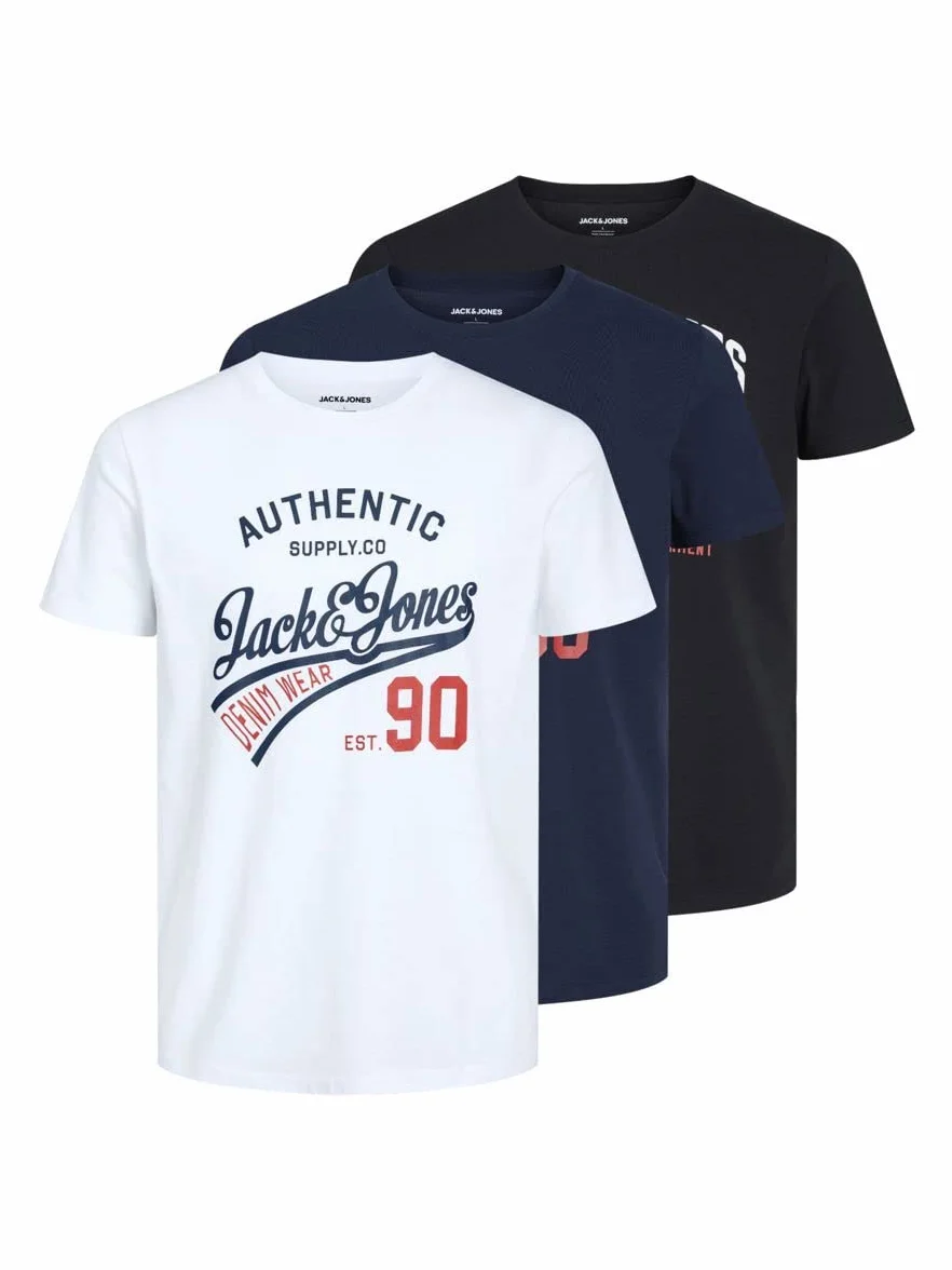 JACK & JONES Herren T-Shirt 3er Pack – Baumwolle, Rundhals, Kurzarm, mit Print – Bequeme Freizeitshirts im modernen Design