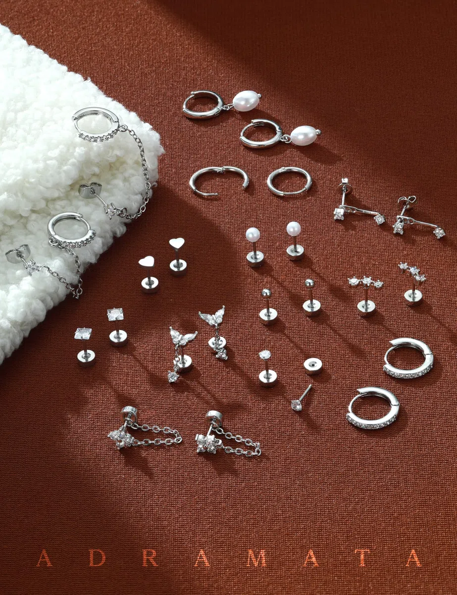 Adramata Ohrringe Gold Set Chirurgenstahl Ohrringe für Damen Hypoallergen Ohrring Creolen Ketten Ohrring Hängend Flatback Medizinische Ohrstecker Set Gold Silber Knorpel Conch Tragus Helix Piercing