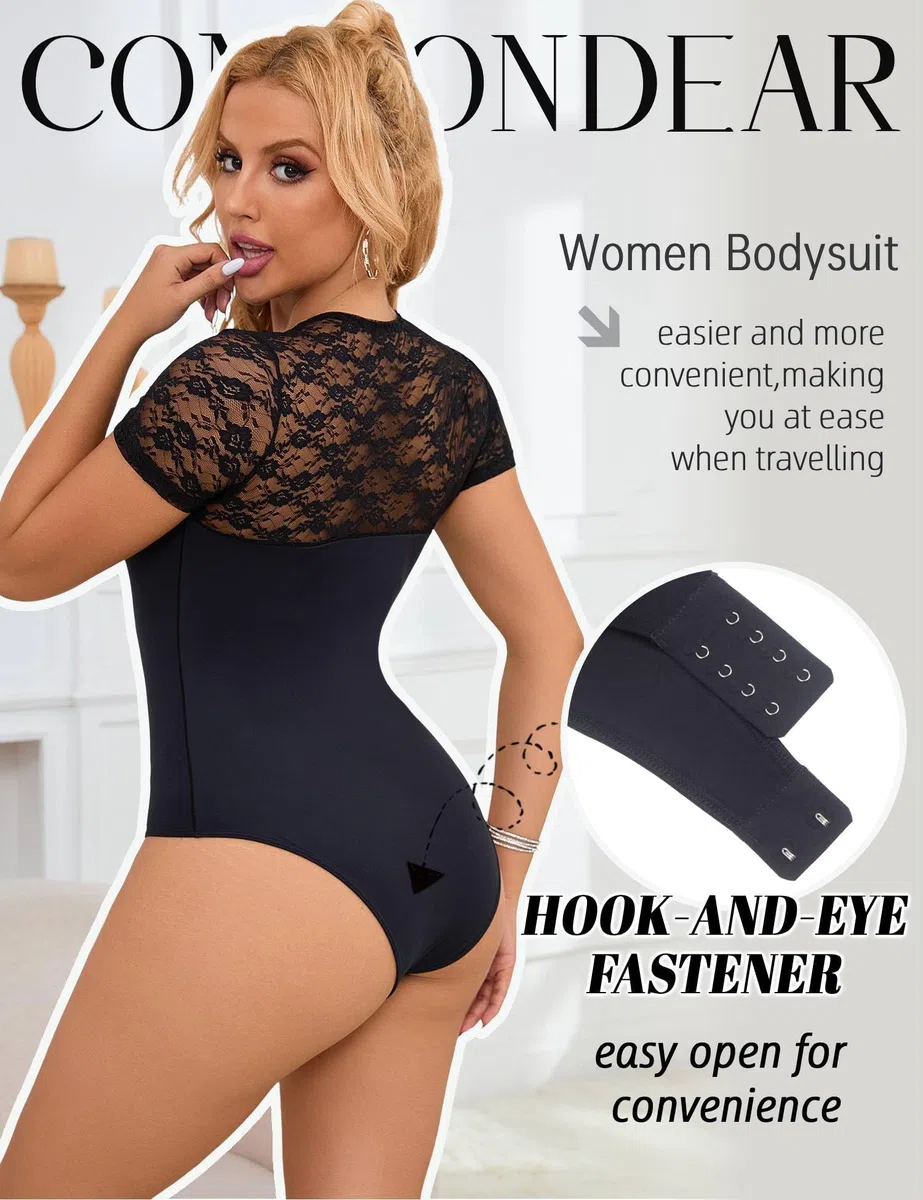 comeondear Damen Body Kurzarm Elegant Sexy Outfit Sommer Bodysuit Women mit Spitze Große Größen Oberteile Rundhals Trachtenbody Top Mesh Unterziehbody Reizwäsche für Mollige Frauen Snap Crotch