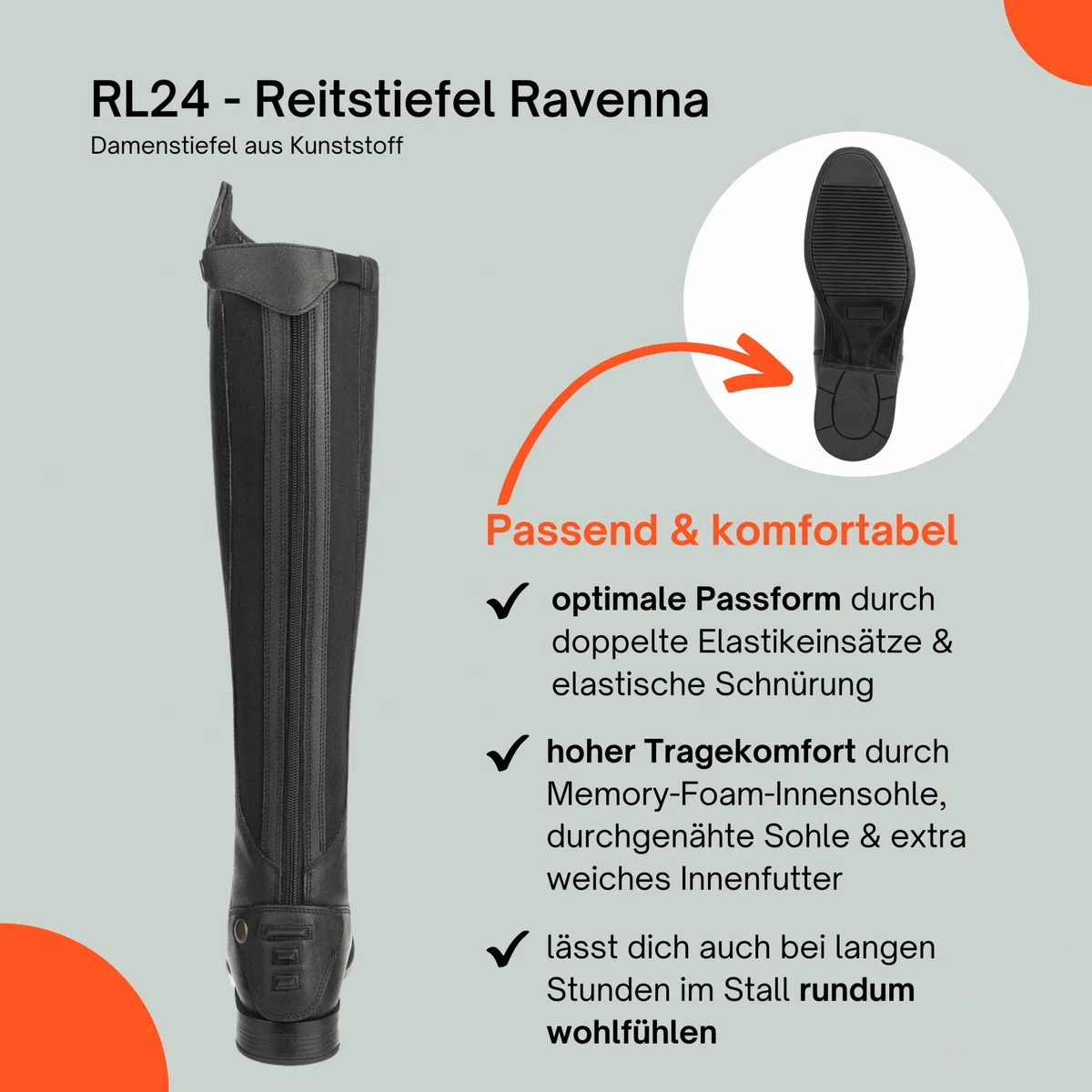 RL24 - Damen Reitstiefel Ravenna | Damen-Stiefel aus Kunstleder | Schnürstiefel mit Reißverschluss in schwarz | Reiterstiefel mit extra weichem Innenfutter | Größe 37-42