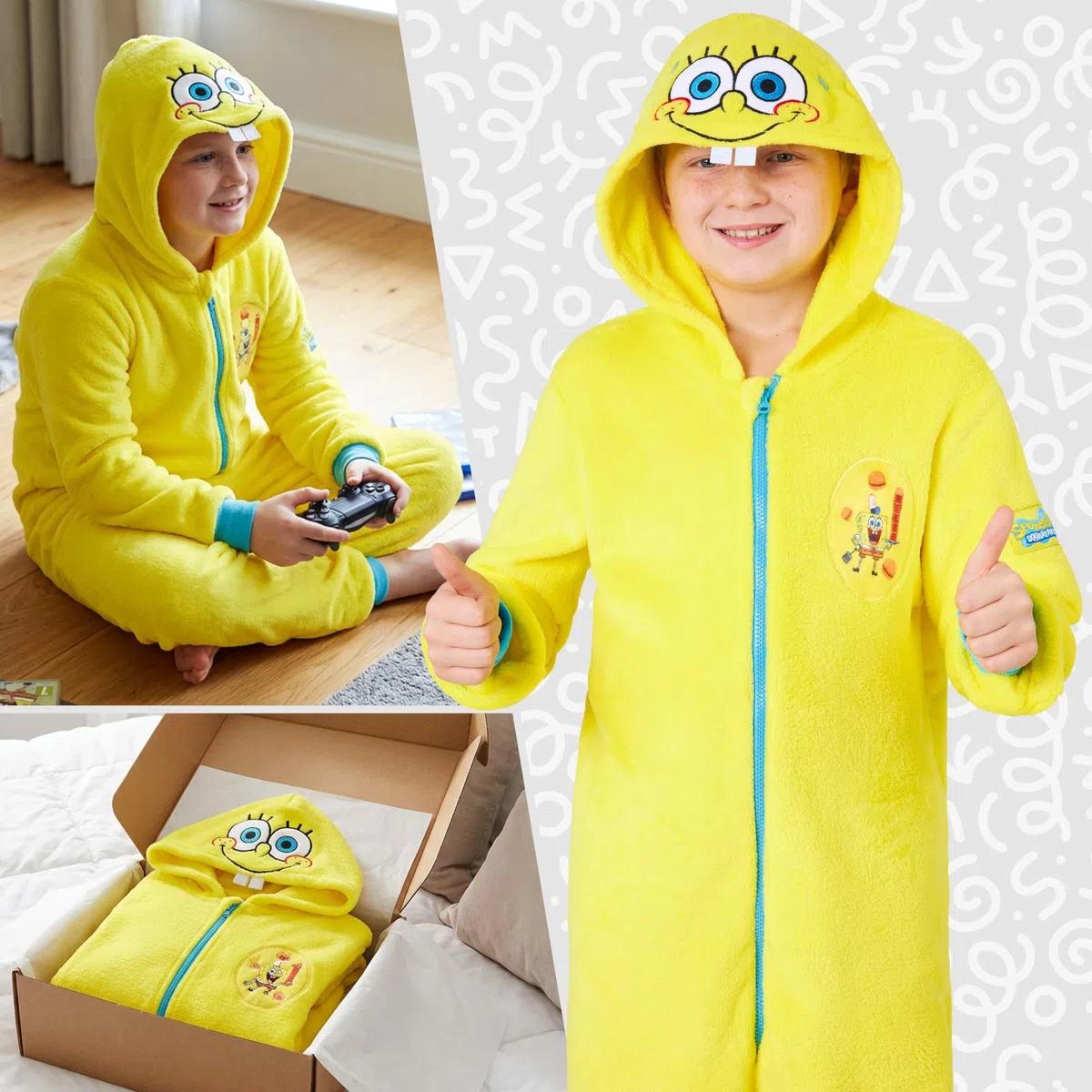 Spongebob Schwammkopf Onesie Für Kinder und Mädchen 5–14, Fleece Jumpsuit Schlafanzug Mit Kapuze, Geschenk Für Mädchen