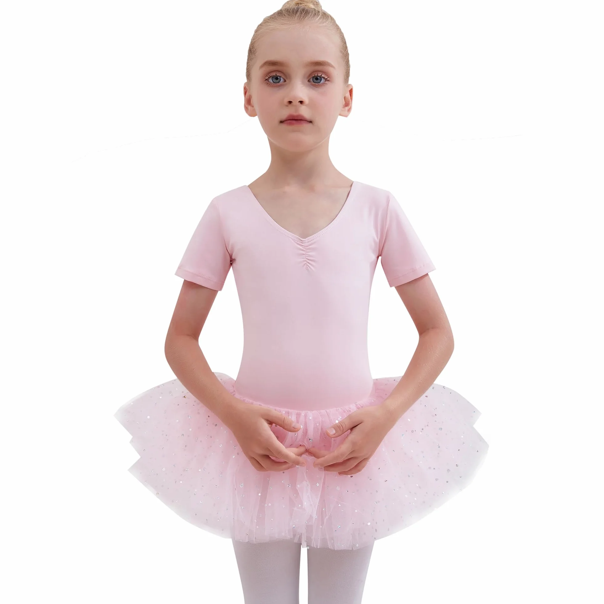 Kinder Ballettkleidung Ballettkleid Mädchen Glitzernder Balletttrikot Baumwolle Ballettanzug Tanzkleid Tanzbody mit Glänzendem Rock Tütü