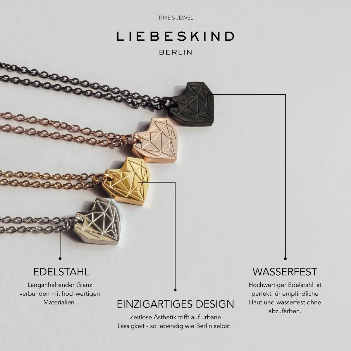 LIEBESKIND BERLIN Herz-Halskette für Damen – Edelstahl-Kette mit liebevollem Herzanhänger – In verschiedenen Farben und Ausführungen – Romantische Geschenkidee