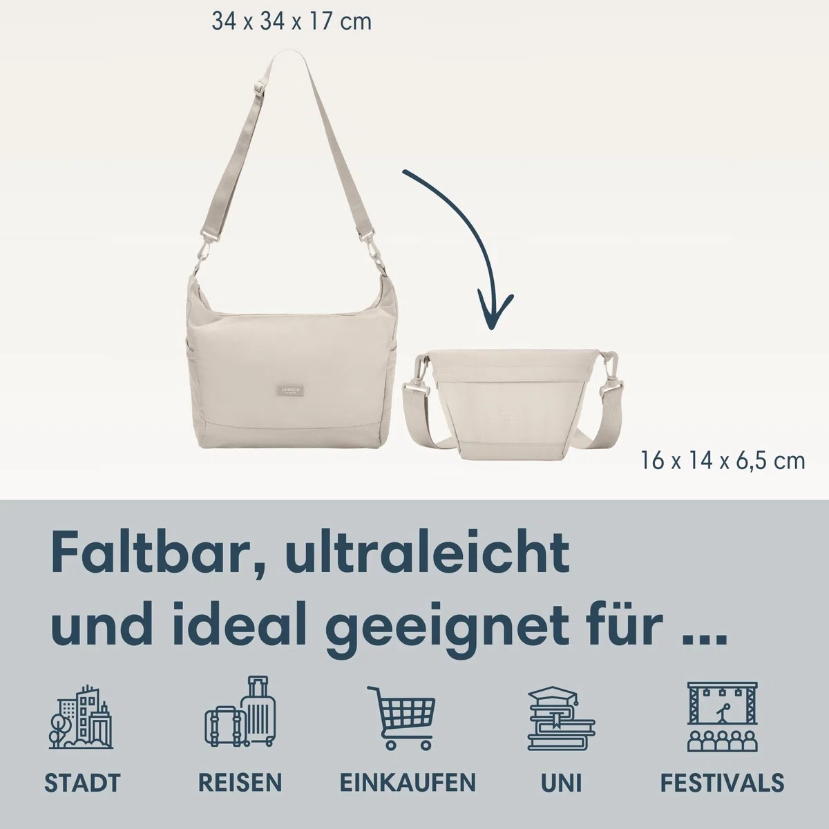 LARKSON Shopper Tasche Damen & Herren - Olea - Faltbare Schultertasche mit Reißverschluss - Foldable Shopping Bag - 14 Liter - Faltbar zu Crossbody Bag - Leicht