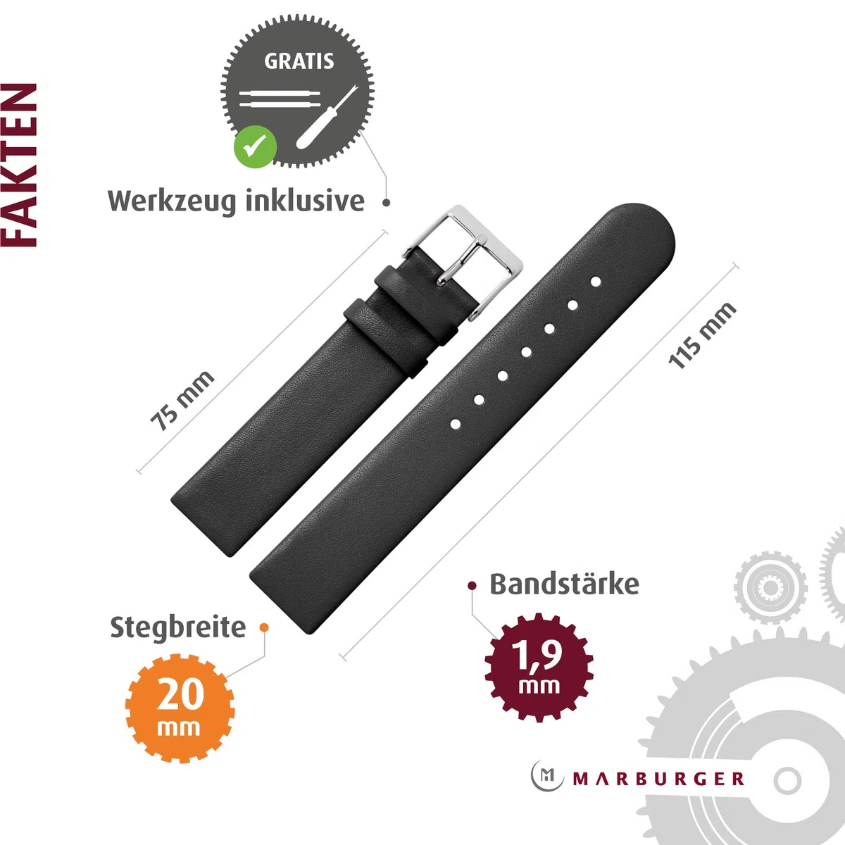 MARBURGER Uhrenarmband 20mm Leder - Werkzeug Montage Set 76120