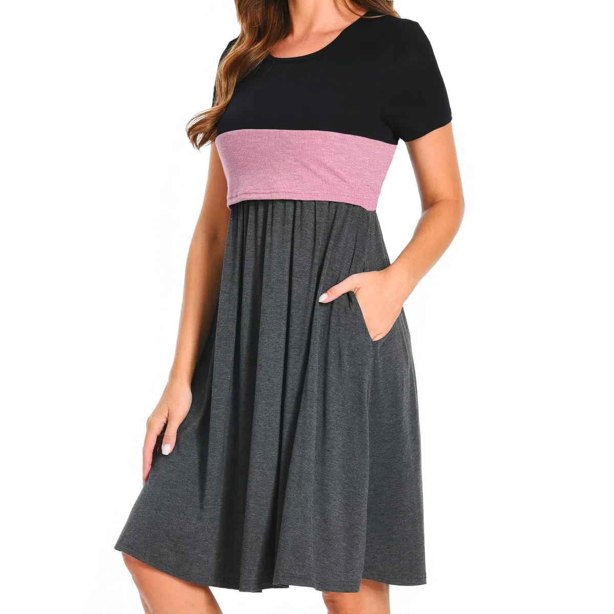 Bearsland Women’s Short Sleeve Nursing Dress Patchwork Breastfeeding Dress with Pocket