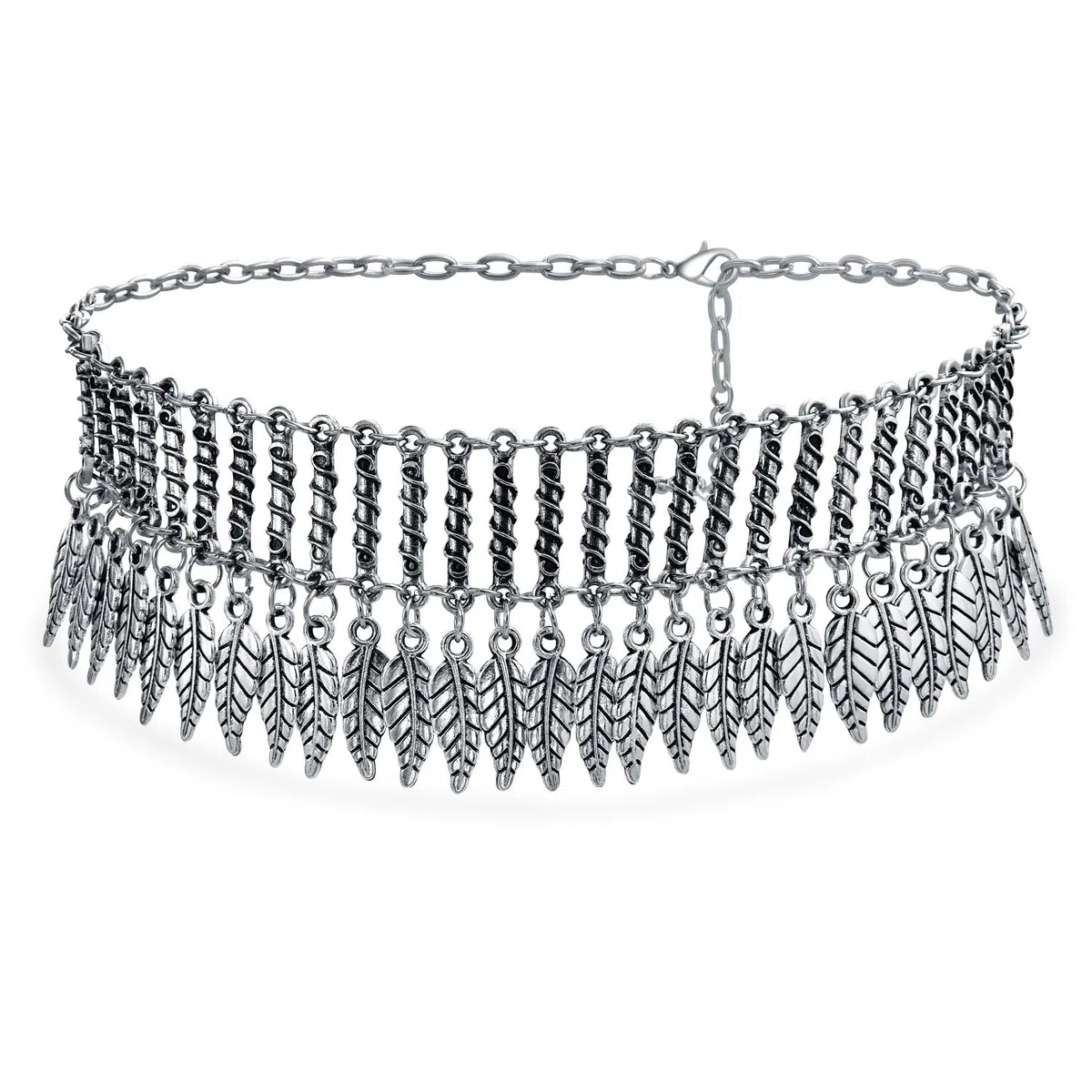 Bling Jewelry Native American Style böhmischen Boho baumelnden Münzen Feder breite Choker Halskette Western-Schmuck für Frauen oxidiert versilbert