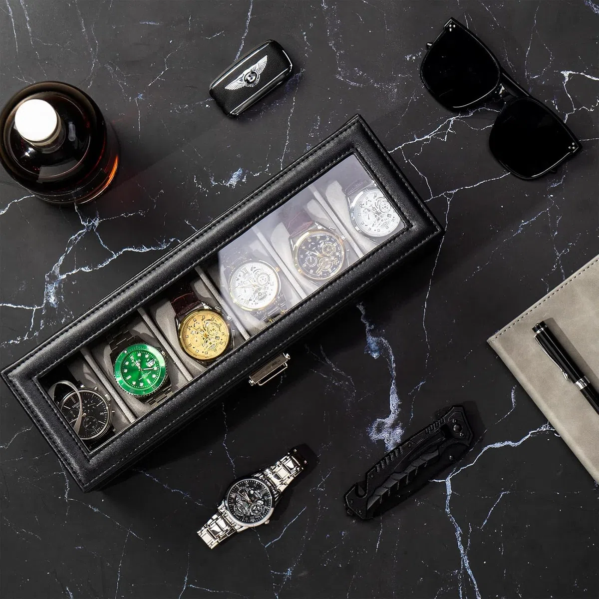ProCase Uhrenbox mit 6 Fächern，Uhrenkasten mit Glasdeckel, 2 Ebenen, Uhrenkoffer mit herausnehmbaren Uhrenkissen, Uhrenschatulle für Schmuck, Ringe, Armbänder und Halsketten -Schwarz