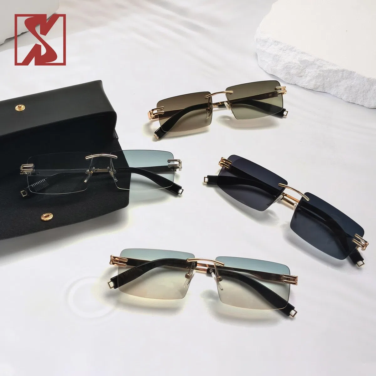 SHEEN KELLY Retro randlose Sonnenbrille für Männer Frauen Rechteck Ultra-Small Frame Sonnenbrille Durchsichtige Brille