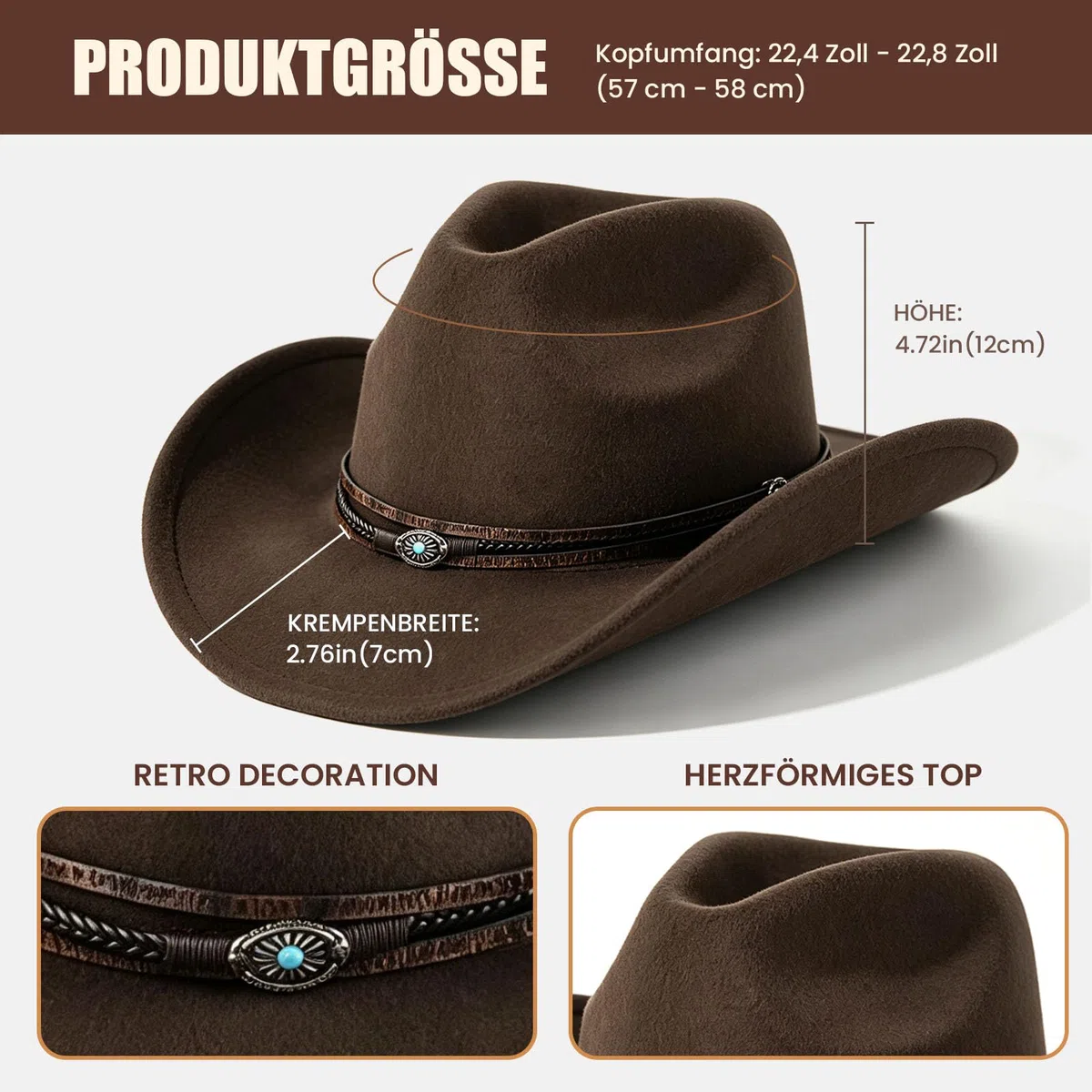 SIGONE Unisex Cowboy-Filzhut in Kaffebraun im Westernstil, Außenhut mit Breitem Rand, Verstellbarem Rückenband, Klassischer Cowboyhut für Männer und Frauen für Outdoor-Aktivitäten