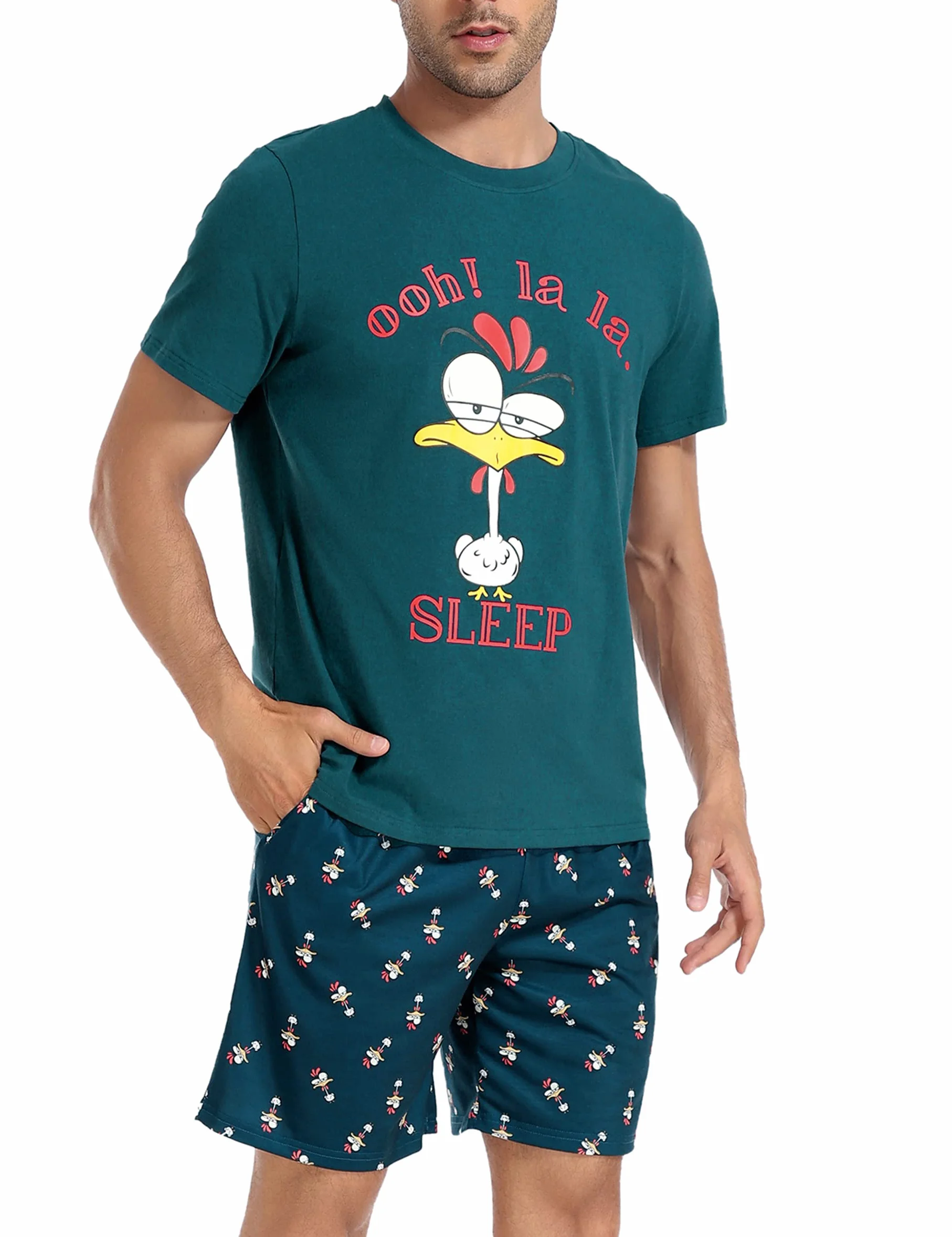 Schlafanzug Herren Kurz Pyjama Lustig Baumwolle Shorty Nachtwäsche Zweiteilige Pyjamas mit Hahn T-Shirt und Schlafanzughose für Männer