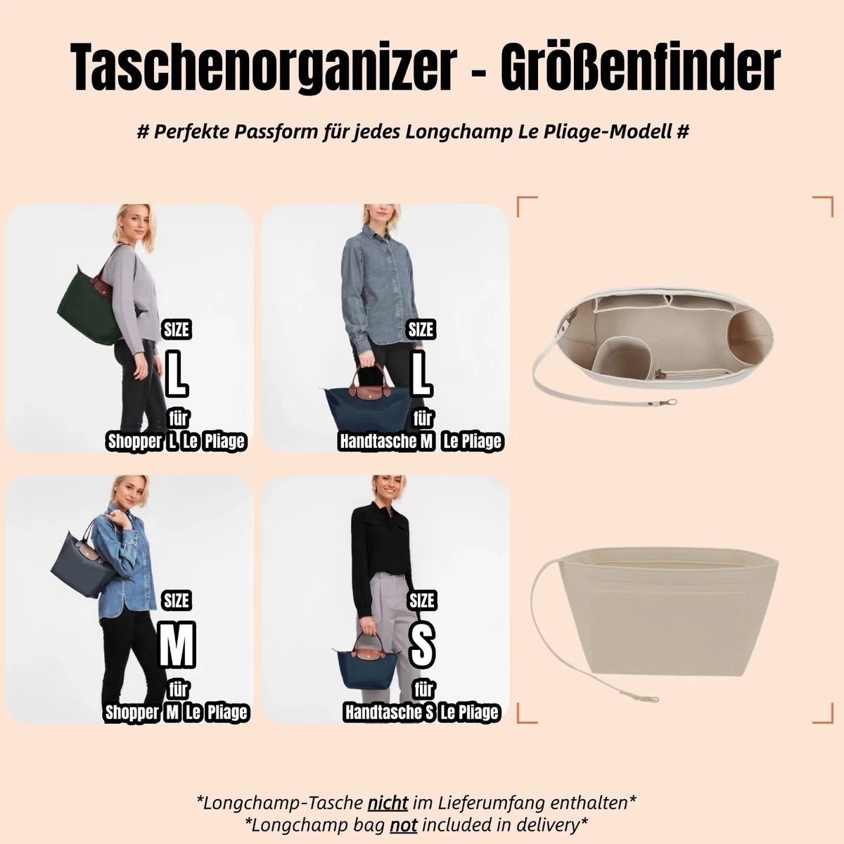 Organizer L für Longchamp Tasche, Taschenorganizer für Le Pliage L mit 9 Fach und Schlüsselkette aus Premium Filz(Beige L)