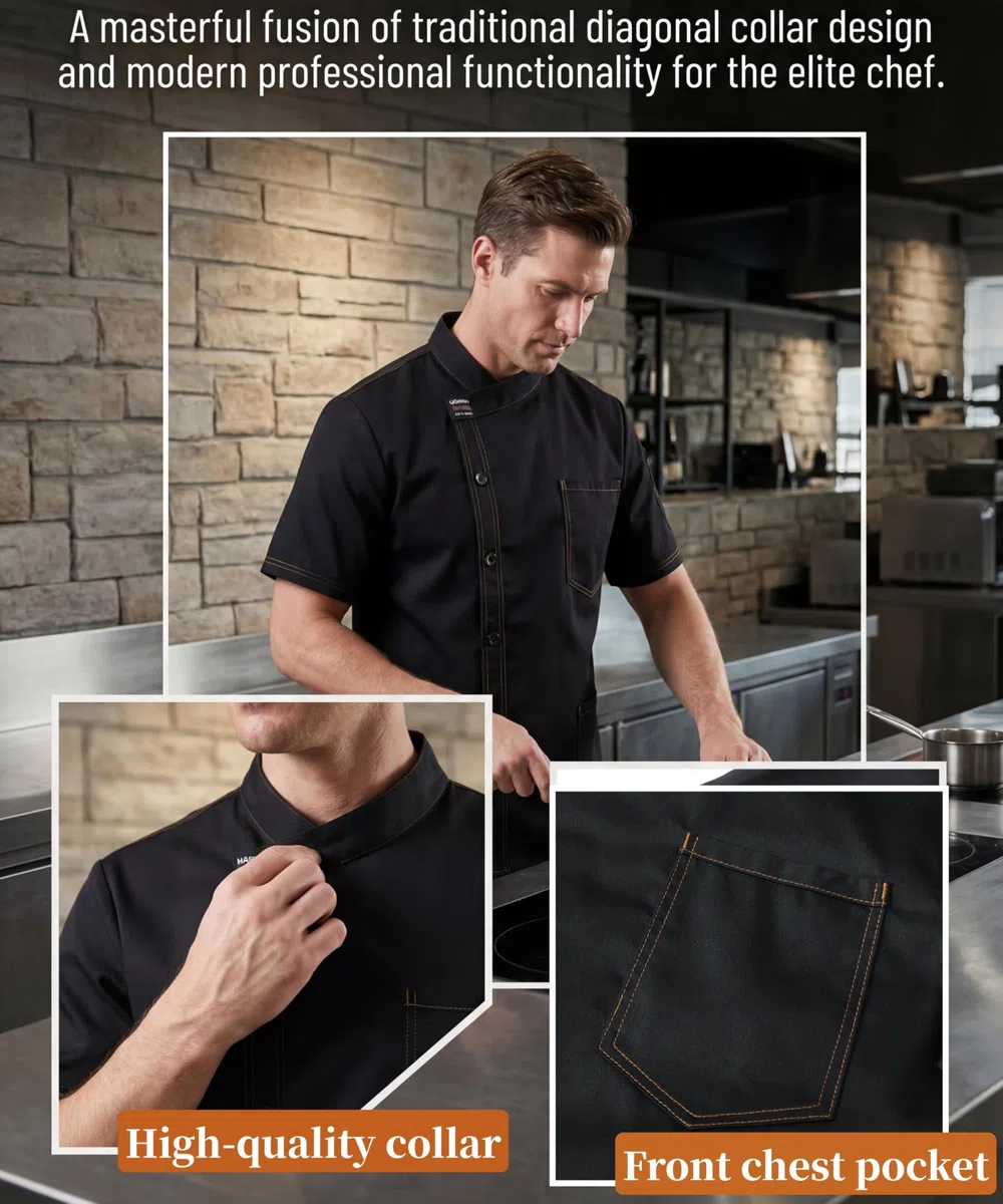 Herren Kochjacke Kurzarm Slim Fit Kochbekleidung Unisex Chef Uniform Professional Kochjacke Modern Style Chef Cafe Bäckerjacke