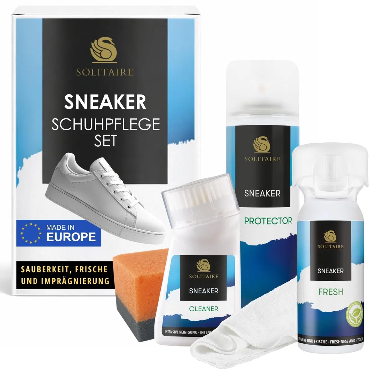 SOLITAIRE Sneaker Pflege & Schutz Set für alle Materialien, 5-teiliges Schuhputz-Set: Imprägnierspray, Universal-Reiniger, Schuhdeo Geruchsentferner, Mikrofasertuch und Schwamm - Schuhpflege-Set