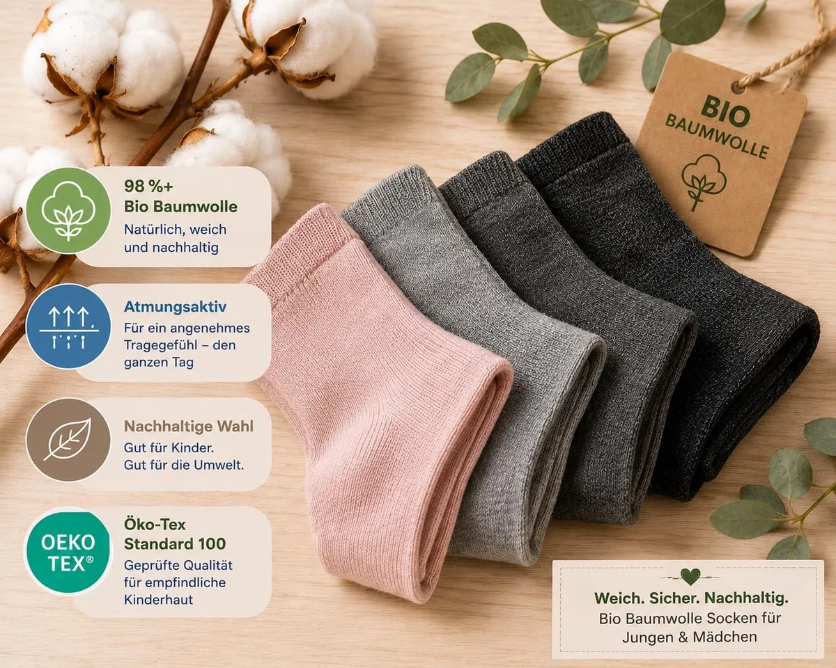 8 Paar Bio Baumwolle Socken ohne Naht Kinder Junge Mädchen Basic-Socken Öko-Tex Standard 100