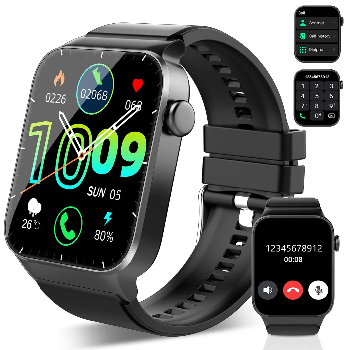 Smartwatch Herren Damen, 1,85" HD Touchscreen Smart Watch mit Telefonfunktion, 100+ Sportmodi Sportuhr mit Schrittzähler/Herzfrequenzmonitor/Schlafmonitor, IP68 Wasserdicht Fitnessuhr, Tiefschwarz