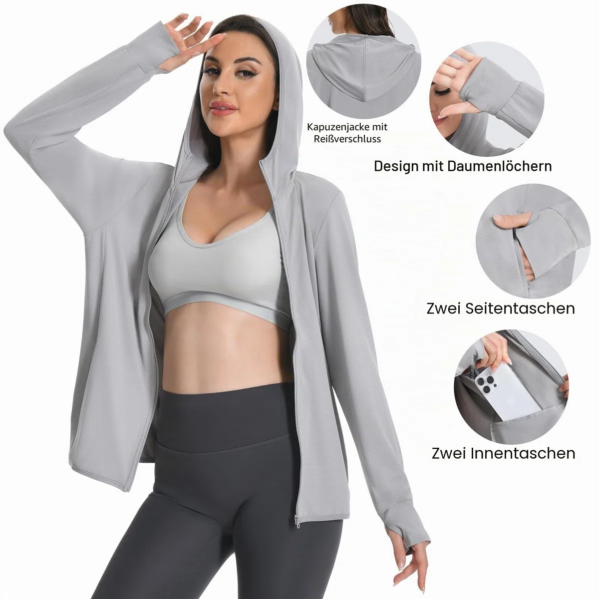 UV Schutz Jacke Damen, SPF UPF50+ Leichte Sun Hoodie | Sonnenschutz Kleidung, Schnelltrocknend, 4 Taschen und Daumenloch