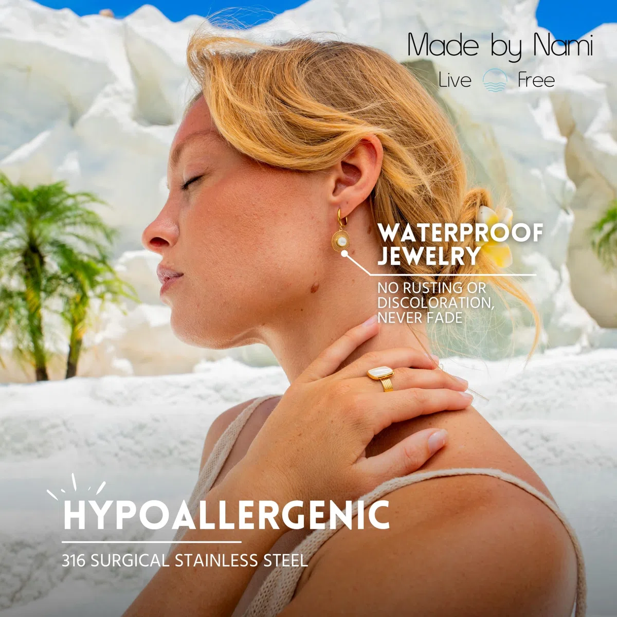 Made by Nami Set Gold Ohrringe Hängend mit Sonnen Anhänger und Süßwasserperle aus Chirugischem Edelstahl Boho Ohrringe Damen Hypoallergen Wasserfester Schmuck