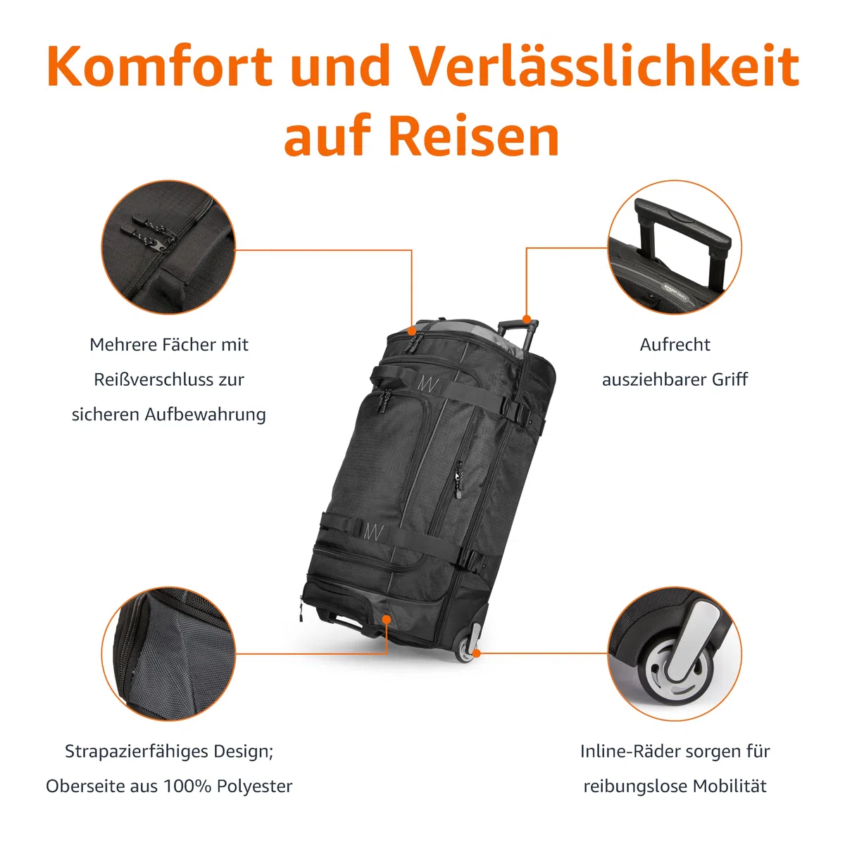 Amazon Basics Reisetasche mit Rollen, 137L, Leichter und Langlebiges Trolley aus Ripstop-Gewebe, Großes Fassungsvermögen mit Teleskopgriff, Ideal für Reisen, Arbeit und Freizeit, Schwarz