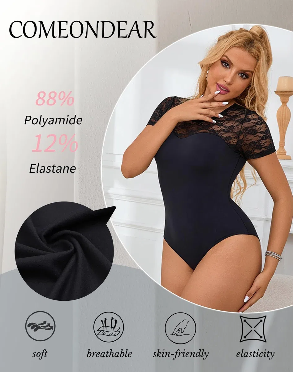 comeondear Damen Body Kurzarm Elegant Sexy Outfit Sommer Bodysuit Women mit Spitze Große Größen Oberteile Rundhals Trachtenbody Top Mesh Unterziehbody Reizwäsche für Mollige Frauen Snap Crotch