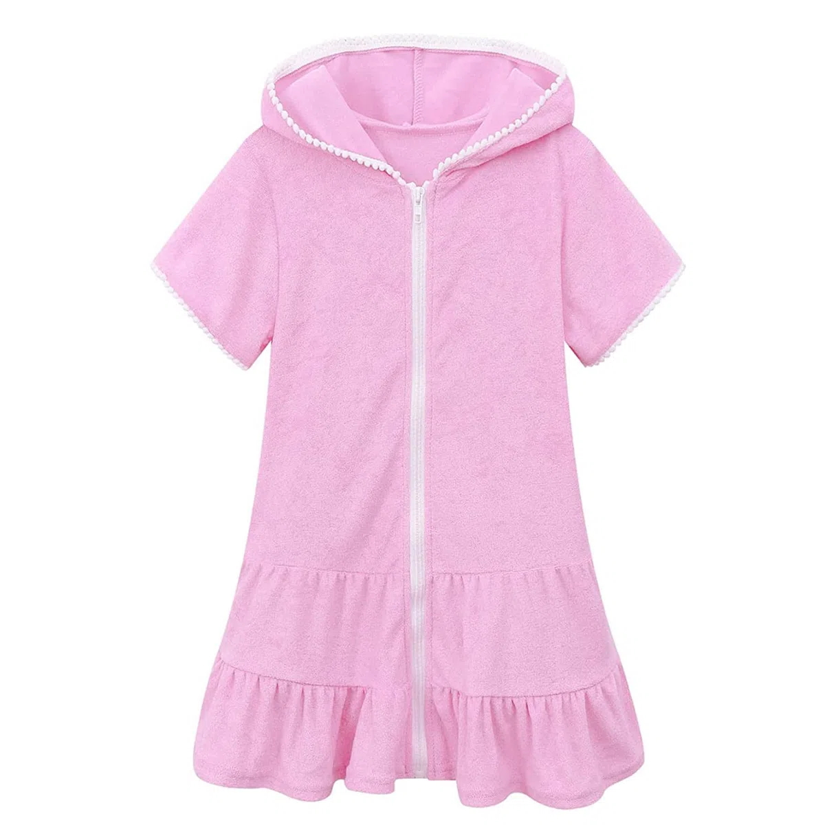 Bademantel Mädchen Kurzarm Einfarbig Badeponcho mit Kapuze Kinder Badeanzug Coverup Kleid Sommer Schwimmen Cover Up Strandkleid Moden Mädchenkleider Teenager Kinderkleid Poncho mit Reißverschluss