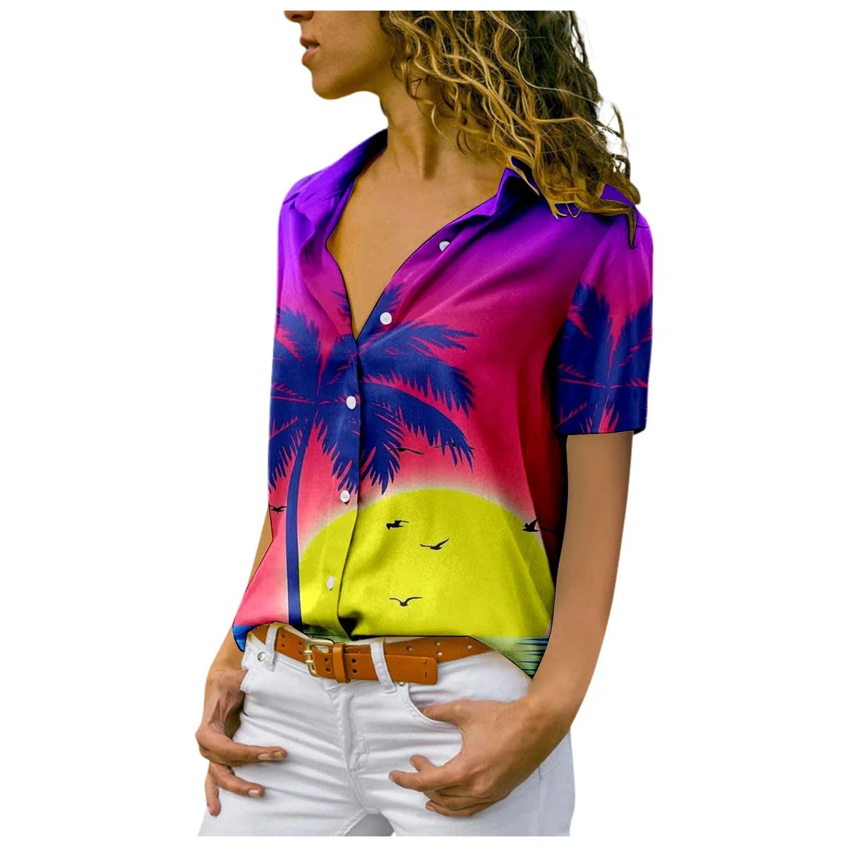 Tropische lustige Hawaii-Hemden für Damen, Karibik, Hawaii-Palme, Strand, Sommerhemd, Knopfleiste, kurzärmelig, lässig, Kreuzfahrt-Hemd, Revers, Mexiko, trendig, kubanische Grafik, Damen-Golf